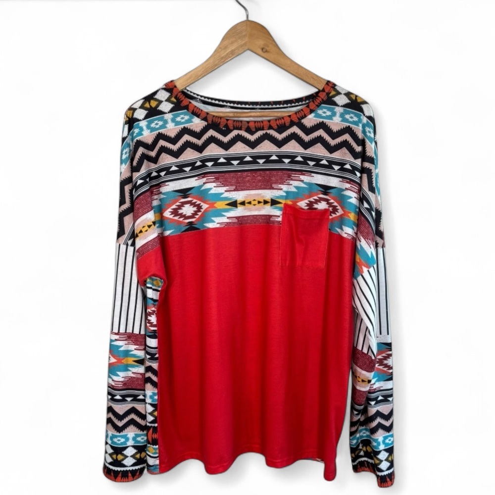 Tribal Print Long Sleeve Top - Red